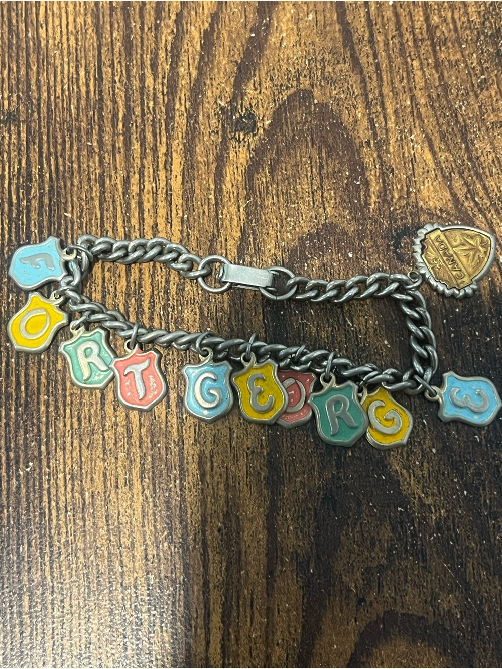 Vintage Multicolor Enamel Letter Charm Bracelet - Fort George